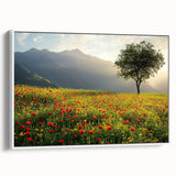 Framed canvas artwork showcasing a serene countryside landscape with vibrant green fields and rolling hills, displayed from a white side view, ideal for home decor.