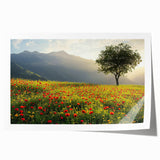 Rolled landscape print showcasing a serene countryside scene with lush green fields and a clear blue sky, packaged securely in a protective cardboard tube.