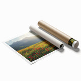 Rolled print showcasing a serene countryside landscape with rolling hills and a vibrant sunset, elegantly packaged in a protective cardboard tube for safe delivery.