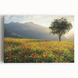 Stretched canvas artwork depicting a serene countryside landscape with vibrant green fields and a clear blue sky, ideal for home decor and nature lovers.