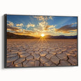 Framed canvas artwork depicting a serene desert landscape, featuring warm earth tones and intricate details, showcased in a sleek black frame, ideal for home decor.