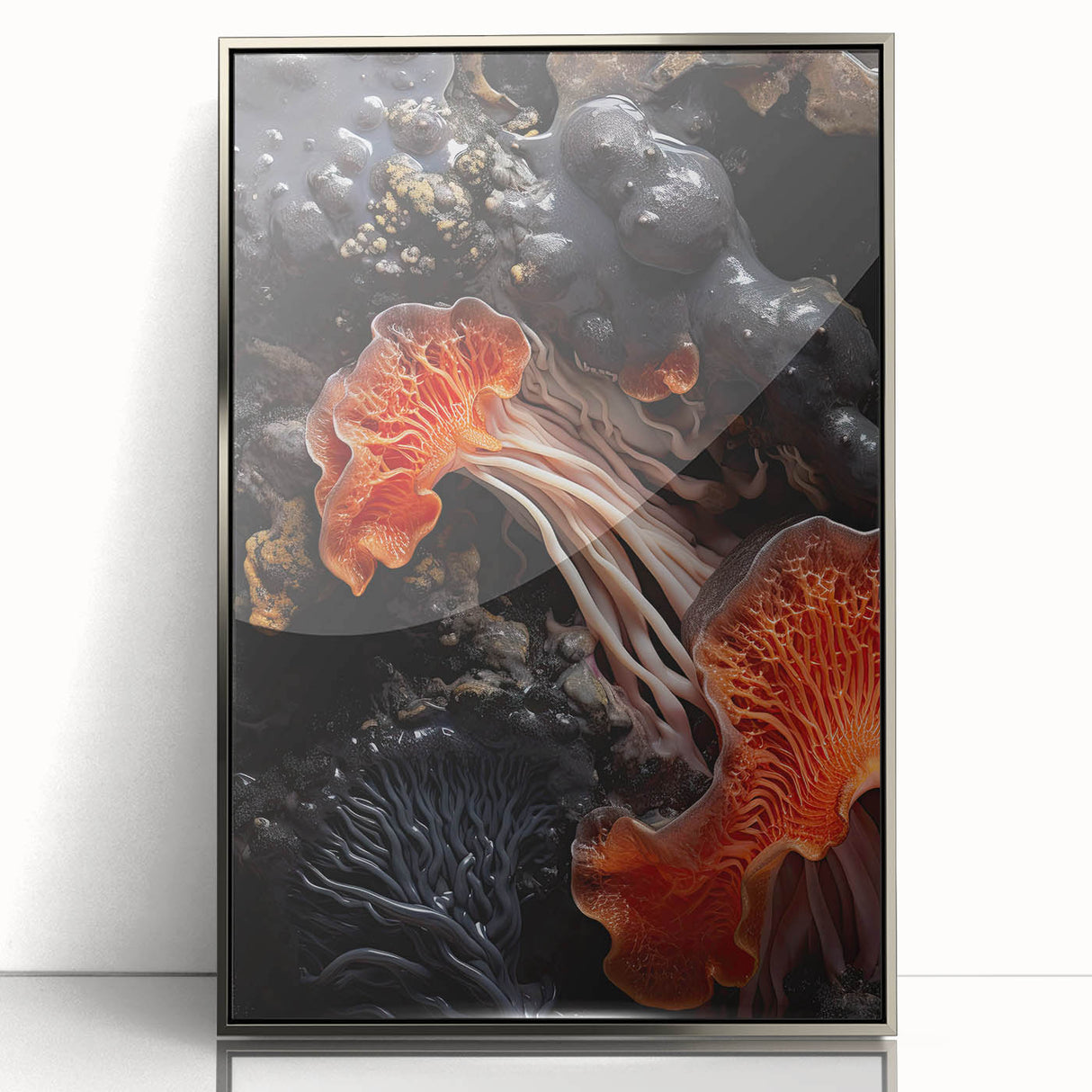 Mid-century modernist art featuring natural close-up elements in muted tones on a silver-framed acrylic print.