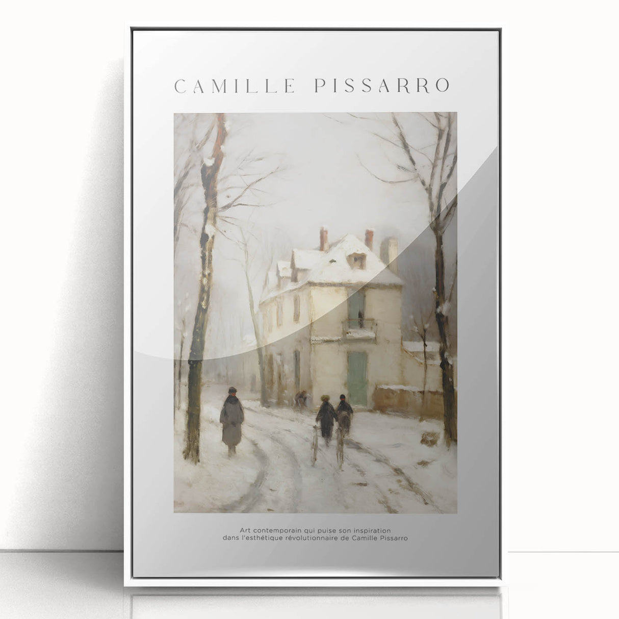 Art deco style poster featuring abstract geometric shapes in muted gold and white tones on acrylic.