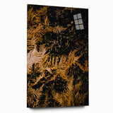 Large abstract wall art with swirling orange and brown tones on acrylic glass, suitable for bedroom or dining room decor.