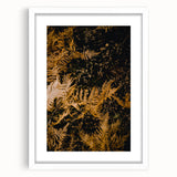 Abstract art print depicting swirling autumn hues on a white framed canvas, suitable for dining room or bedroom decor.