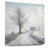 Large abstract wall art depicting a winter scene in muted blue and white tones on acrylic glass.