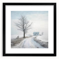 Abstract art print depicting a winter scene in vibrant blue and white hues on a large, framed canvas.