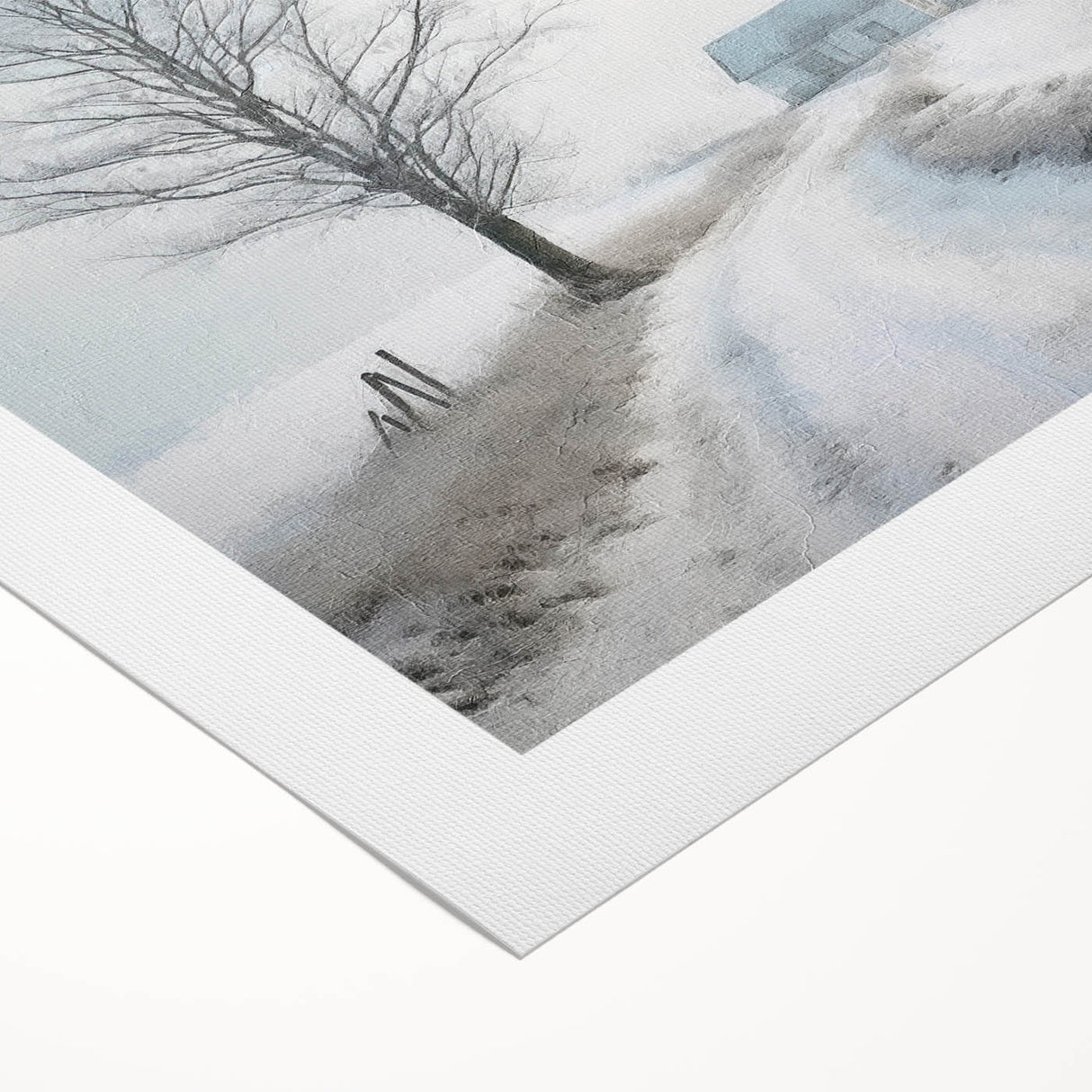 Art deco poster featuring a serene winter scene with muted blue and white tones on rolled canvas.