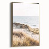 Framed canvas featuring a vintage landscape painting in muted gold and black tones, ideal for bedroom wall art.