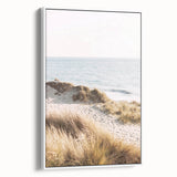 Vintage poster art of a summer scene on framed canvas, featuring vibrant colors, ideal for living room decor.
