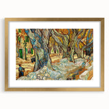 Abstract art print featuring swirling blue and yellow patterns on a framed canvas, suitable for bedroom or dining room decor.
