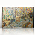 Large abstract wall art on acrylic, featuring swirls of blue and yellow in a mid-century modernist style.