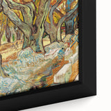 Close-up of a textured, extra large framed canvas featuring a colorful abstract design, ideal for living room decor.