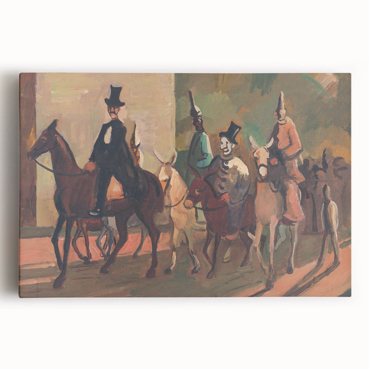 Modern Wall Art: Equestrian Parade with Clowns in Bold Expressionist Style