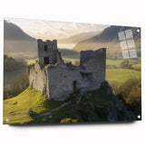 Acrylic glass artwork showcasing a stunning landscape castle design, displayed from a side view with elegant pins, perfect for home decor enthusiasts. The vibrant colors and intricate details enhance any interior space.