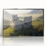 Framed acrylic artwork showcasing a serene landscape with a majestic castle, set against a vibrant sunset. The silver frame adds elegance, perfect for home decor.