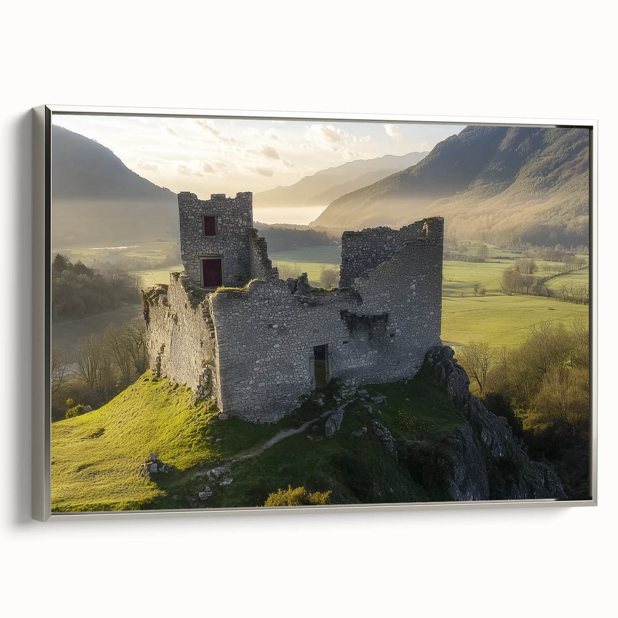 Framed canvas artwork depicting a stunning landscape with a majestic castle, showcasing intricate details and a silver frame, ideal for home decor enhancement.