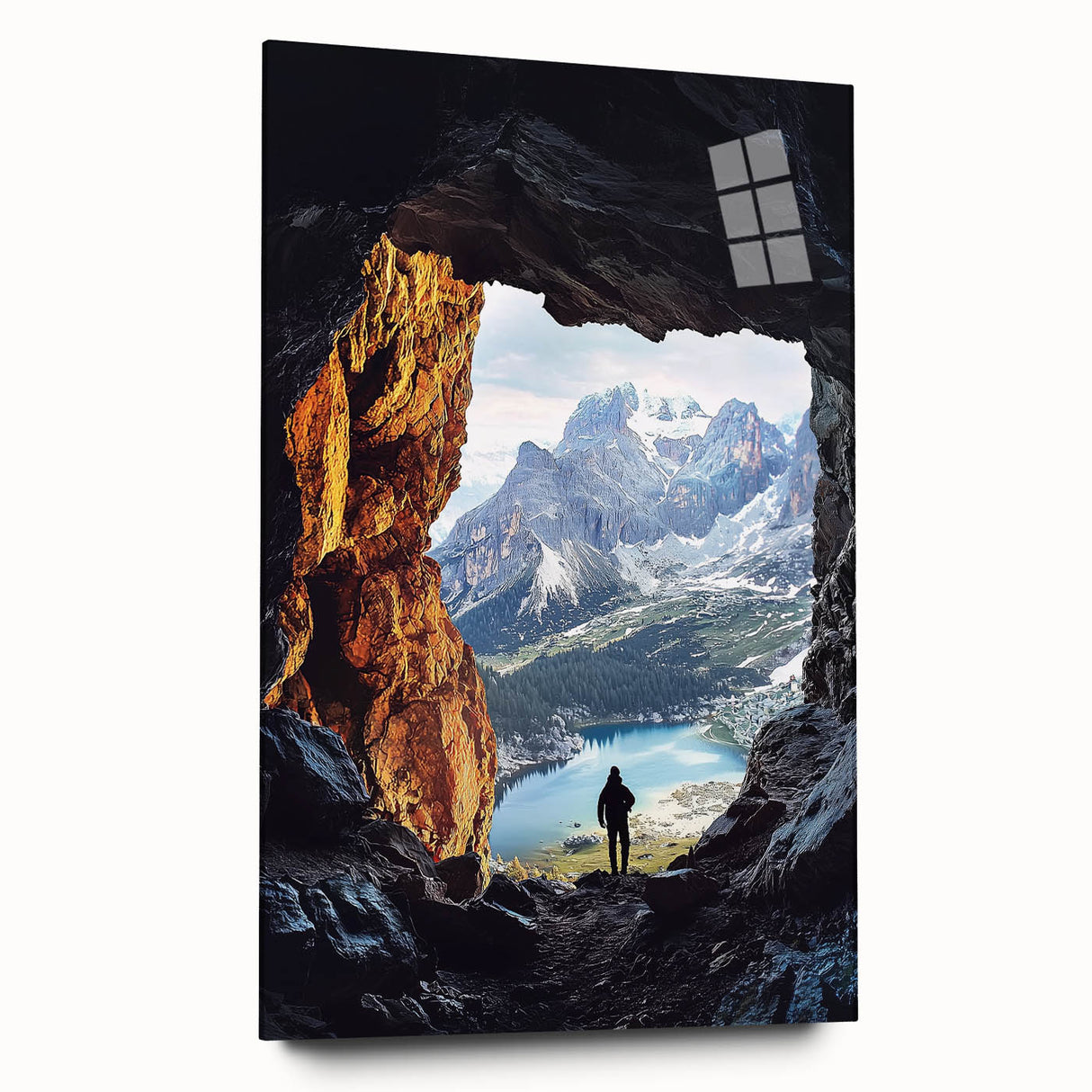 Acrylic glass artwork depicting a vibrant landscape scene with caves, showcasing rich colors and intricate details, displayed from a side view without pins for a contemporary aesthetic.