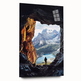 Acrylic glass artwork depicting a vibrant landscape scene with caves, showcasing rich colors and intricate details, displayed from a side view without pins for a contemporary aesthetic.
