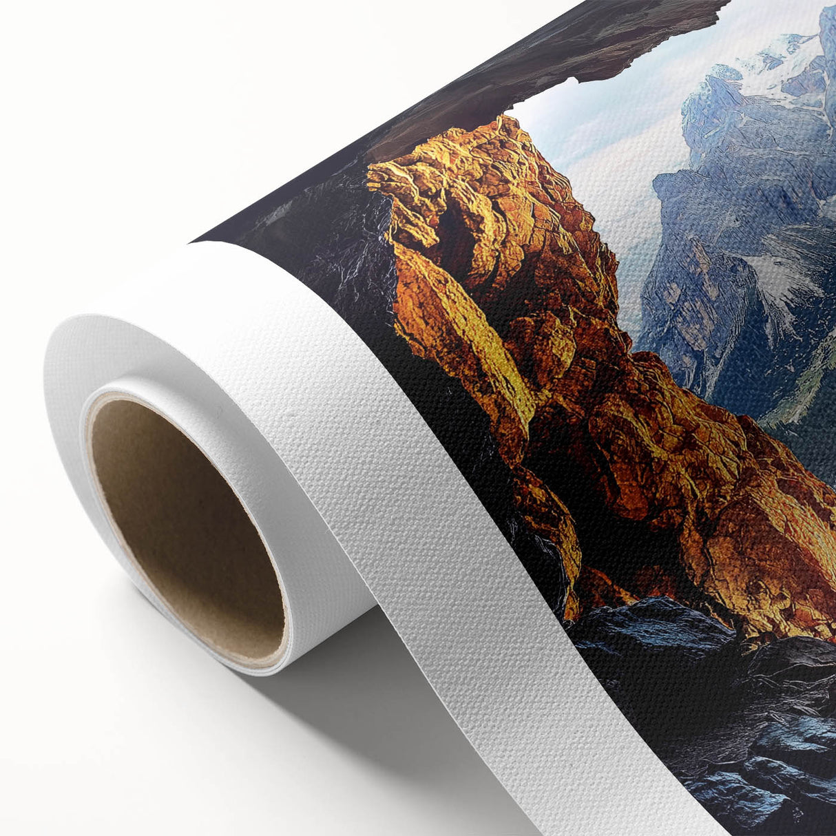 Rolled canvas showcasing a stunning landscape design with intricate cave details, featuring vibrant colors and textures, ideal for home decor enthusiasts.