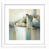 Abstract architecture wall art framed with a white mat, showcasing geometric shapes and soft color gradients, ideal for modern home decor.