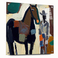 Abstract figurative wall art displayed in an acrylic glass frame, showcasing vibrant colors and unique pin details, perfect for modern home decor.
