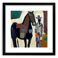 Abstract figurative wall art framed in black with a mat, showcasing vibrant colors and dynamic shapes, ideal for modern home decor or artistic spaces.