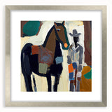 Abstract figurative wall art framed in silver with a mat, showcasing vibrant colors and dynamic shapes, ideal for modern home decor and artistic expression.