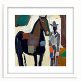 Abstract figurative wall art framed in white, featuring vibrant colors and dynamic shapes, perfect for modern home decor and artistic aesthetics.
