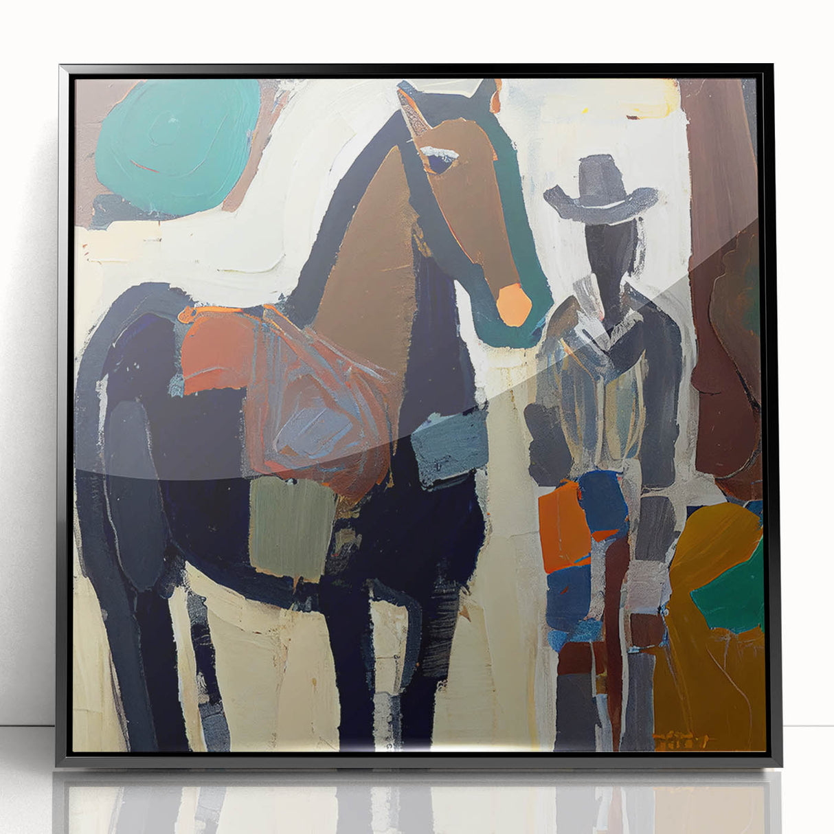 Framed abstract figurative wall art showcasing bold black tones and dynamic shapes, perfect for contemporary home decor, adding an artistic touch to any room.