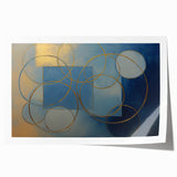 Abstract geometric art print featuring vibrant blue, orange, and yellow shapes, rolled and packaged in a sturdy tube for easy shipping and display. Ideal for modern home decor enthusiasts seeking unique wall art.