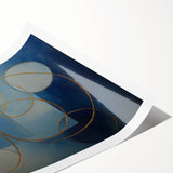 Abstract geometric rolled print showcasing vibrant blue, orange, and yellow shapes with a modern design, elegantly packaged in a protective cardboard tube for secure delivery.