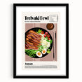 Extra large wall art featuring abstract art prints of colorful, textured food dishes on a black framed canvas.