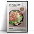 Large abstract wall art featuring assorted food dishes in muted earth tones on a framed acrylic, ideal for dining room decor.