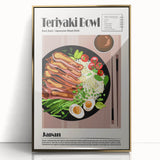 Mid-century modernist large art print of various food dishes in warm gold tones, framed acrylic.