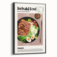 Black and white vintage poster art of assorted dishes on a framed canvas, suited for bedroom wall decor.