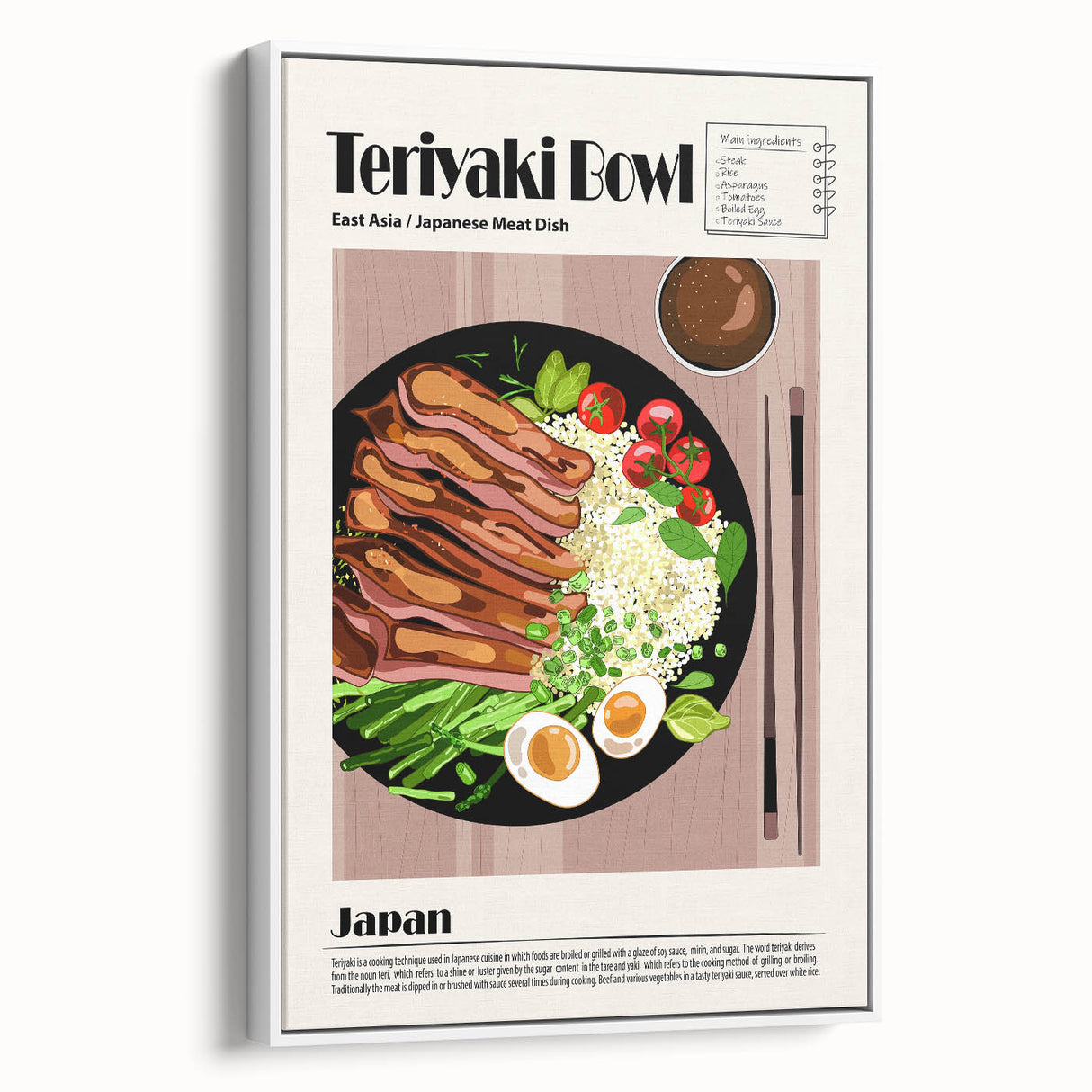 Vintage poster art featuring an array of colorful food dishes on a black background, printed on extra large framed canvas.