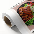 Art deco poster of various colorful food dishes on a rolled canvas, ideal for dining room wall art.