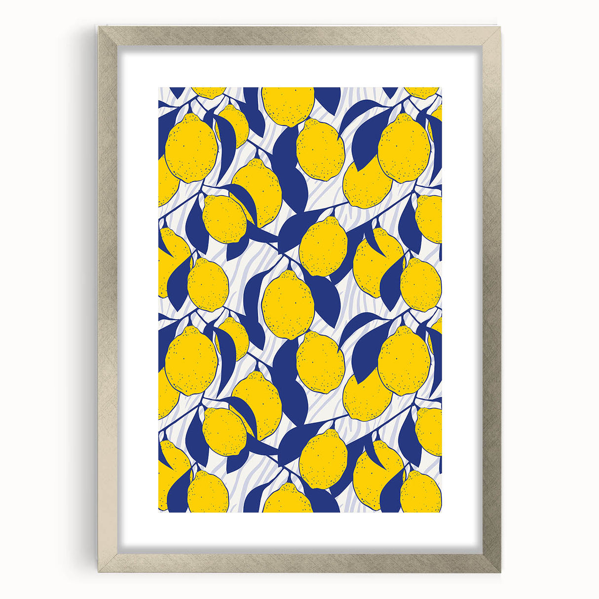 Textured abstract art print featuring assorted fruits in vibrant colors, framed in silver, ideal for kitchen wall decor.