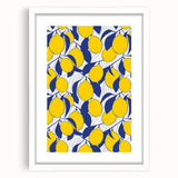 Abstract art print of assorted fruits in vibrant colors, framed with a white mat, suitable for dining room decor.