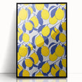 Large abstract wall art featuring assorted fruits in bold colors on a black acrylic framed canvas, ideal for kitchen decor.