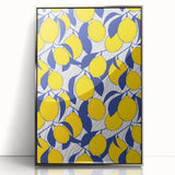 Mid-century modernist art featuring an array of vibrant fruits on a silver-framed acrylic print.
