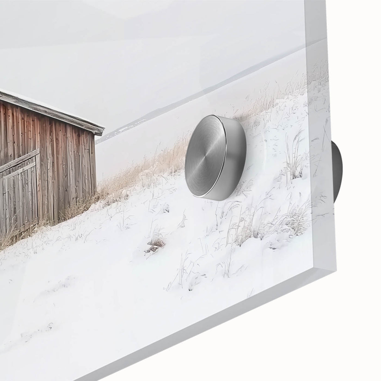 Close-up of a landscape barn scene printed on high-quality acrylic glass, showcasing vibrant colors and intricate details, ideal for home decor enthusiasts.