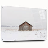 Side view of a landscape barn artwork made from acrylic glass, showcasing vibrant colors and intricate details, mounted with pins for easy display. Perfect for rustic decor.