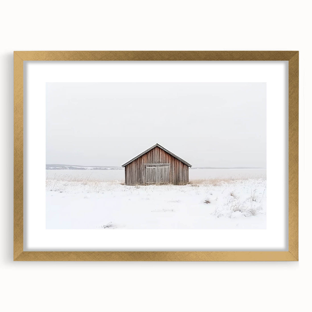 Elegant landscape barn frame with a gold mat, showcasing a serene countryside scene in a front view, perfect for enhancing home decor aesthetics. Ideal for rustic-themed interiors.