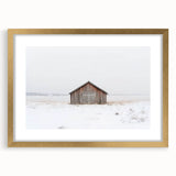 Elegant landscape barn frame with a gold mat, showcasing a serene countryside scene in a front view, perfect for enhancing home decor aesthetics. Ideal for rustic-themed interiors.