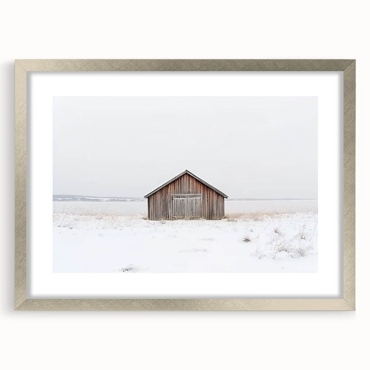 Landscape barn frame with a silver mat, showcasing a modern design, ideal for home decor. The frame highlights the artwork's vibrant colors and intricate details, making it a stylish addition to any room.