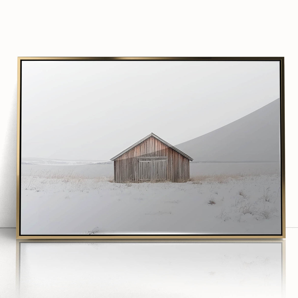 Framed acrylic artwork featuring a vibrant landscape of a barn, set against a golden background, ideal for rustic home decor or farmhouse-themed interiors.