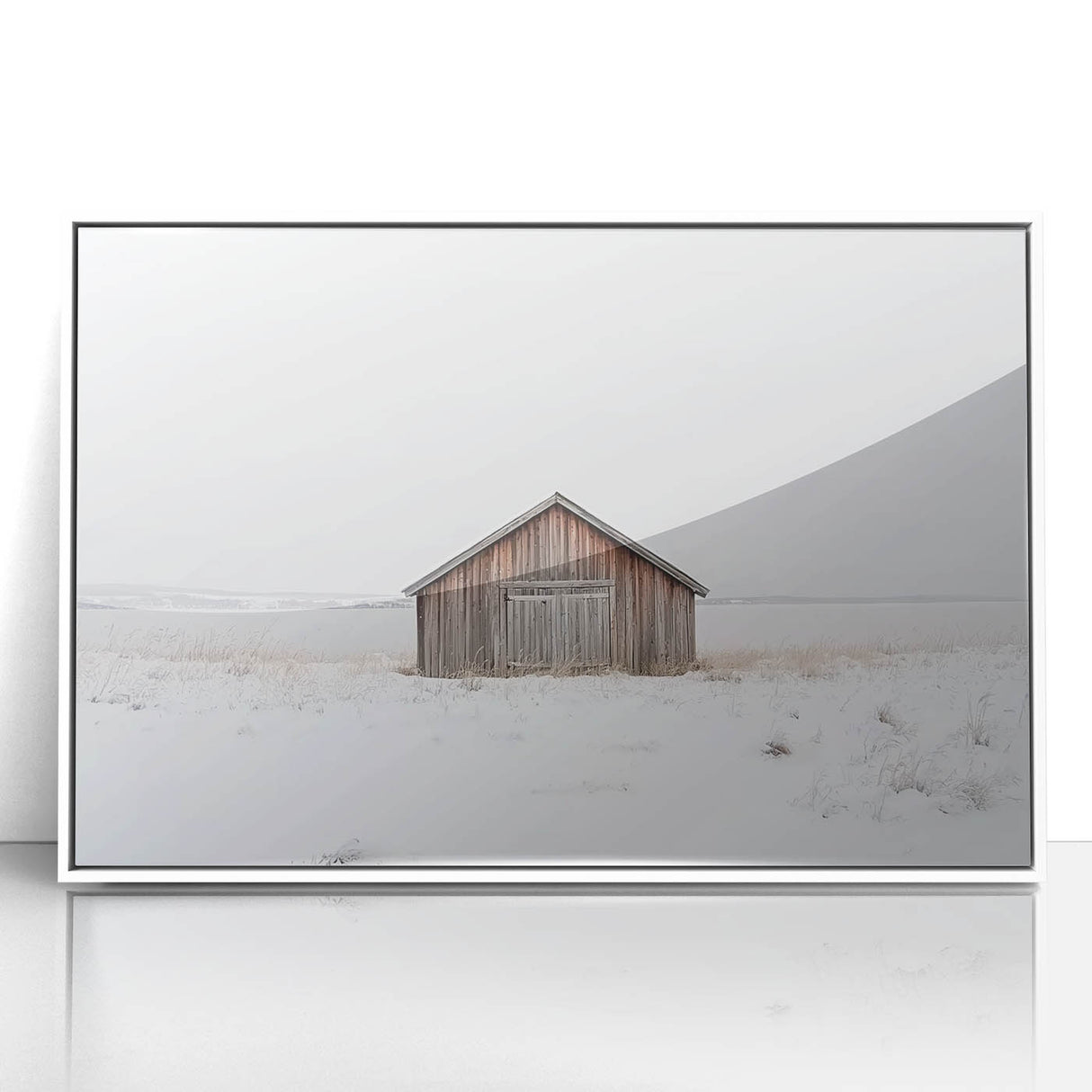 Framed acrylic artwork depicting a serene landscape scene with a white barn, set against a vibrant blue sky and lush green fields, ideal for rustic home decor.