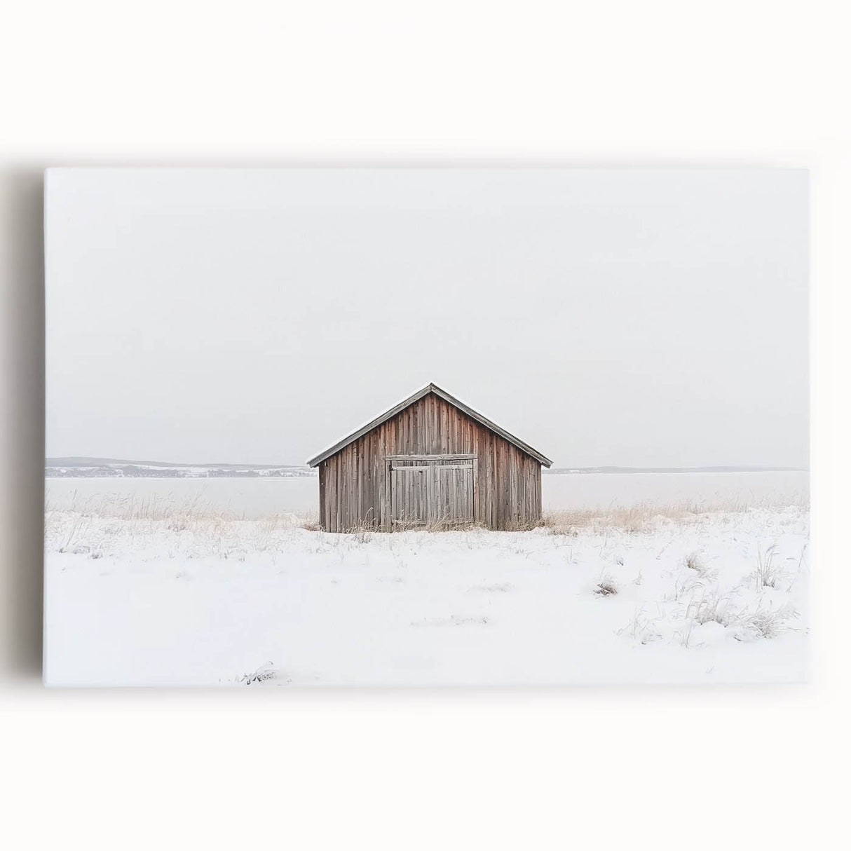 Stretched canvas artwork depicting a scenic landscape of a rustic barn surrounded by lush greenery, ideal for home decor or country-themed spaces.